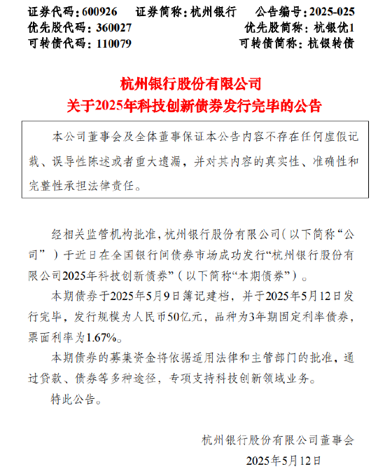 杭州银行：成功发行50亿元科技创新债券