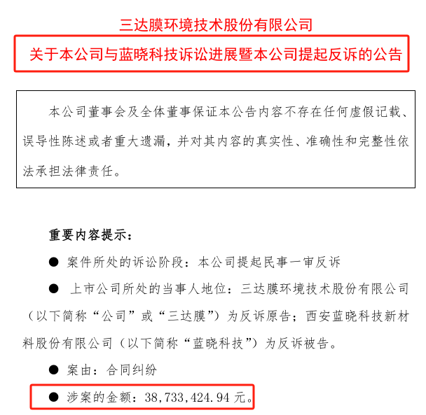 两陕企“诉讼战	”进展：三达膜一审败北